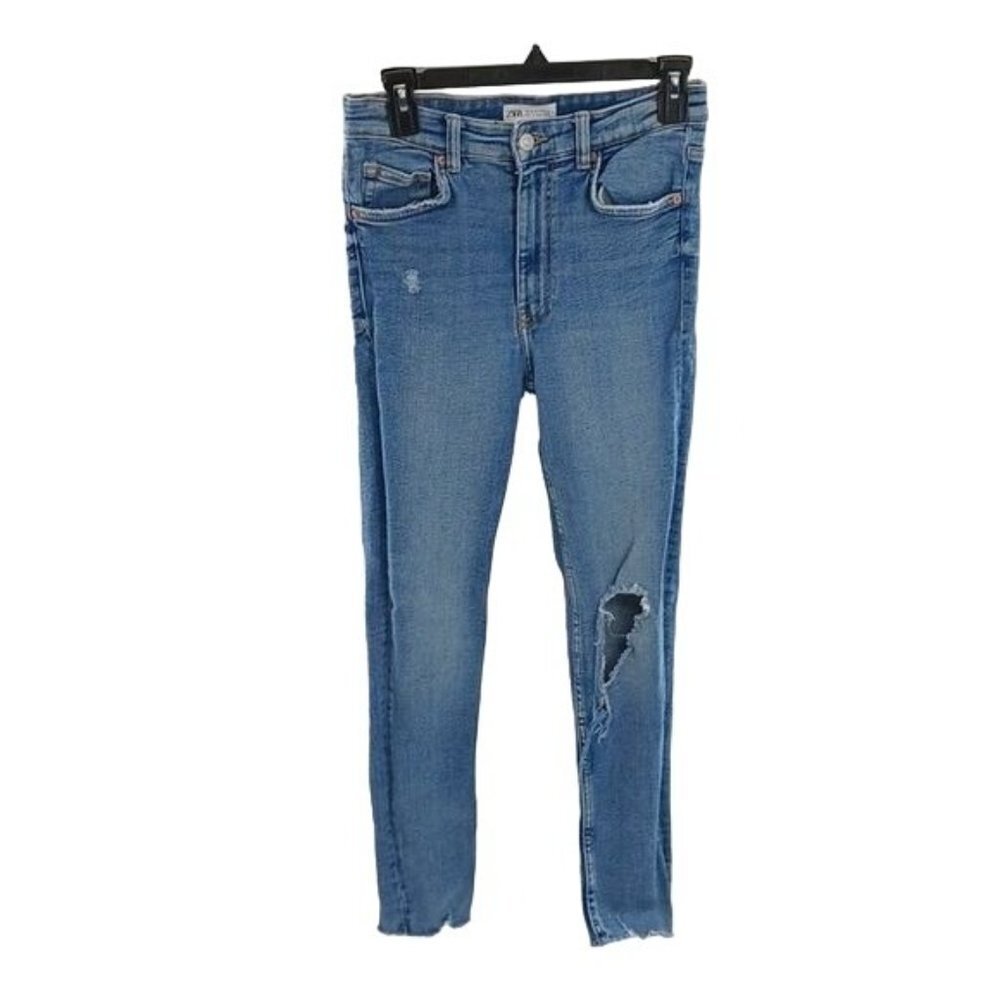 Zara Womens Size 6 Blue Distressed Skinny Jeans Raw Hem Ripped Knee Stretch